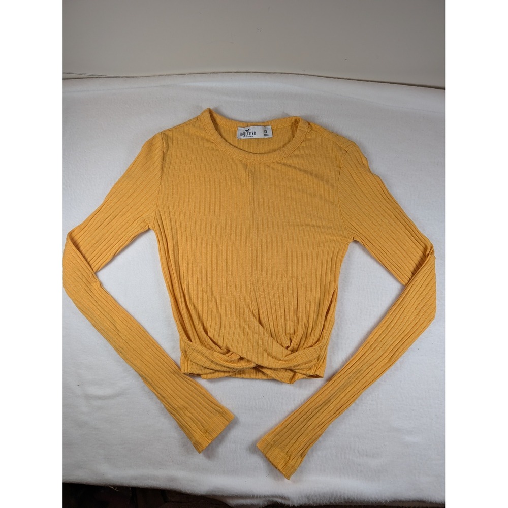 Hollister Mustard Yellow Ribbed Twist Front Long Sleeve Crop Top Womens XS